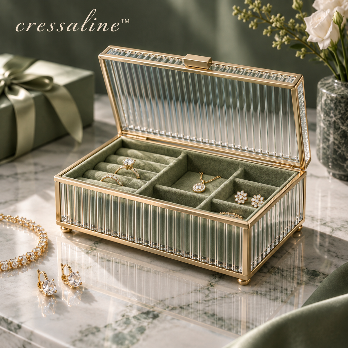 𝒄𝒓𝒆𝒔𝒔𝒂𝒍𝒊𝒏𝒆™ Ribbed Glass Jewelry Box