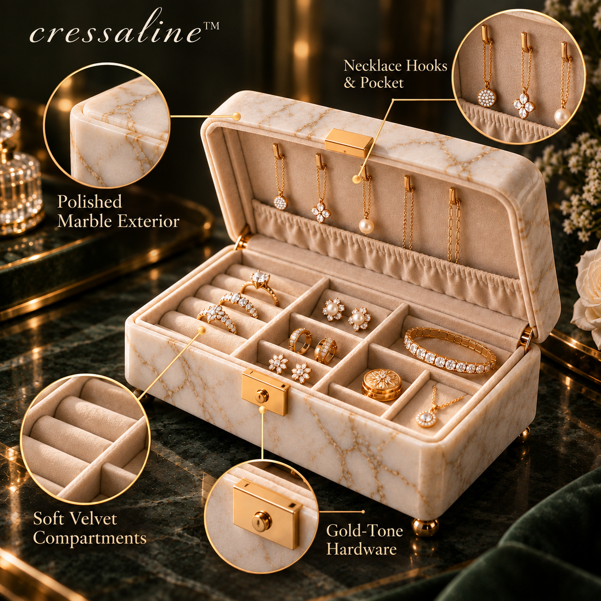 𝒄𝒓𝒆𝒔𝒔𝒂𝒍𝒊𝒏𝒆™ Marble Jewelry Catchall Box