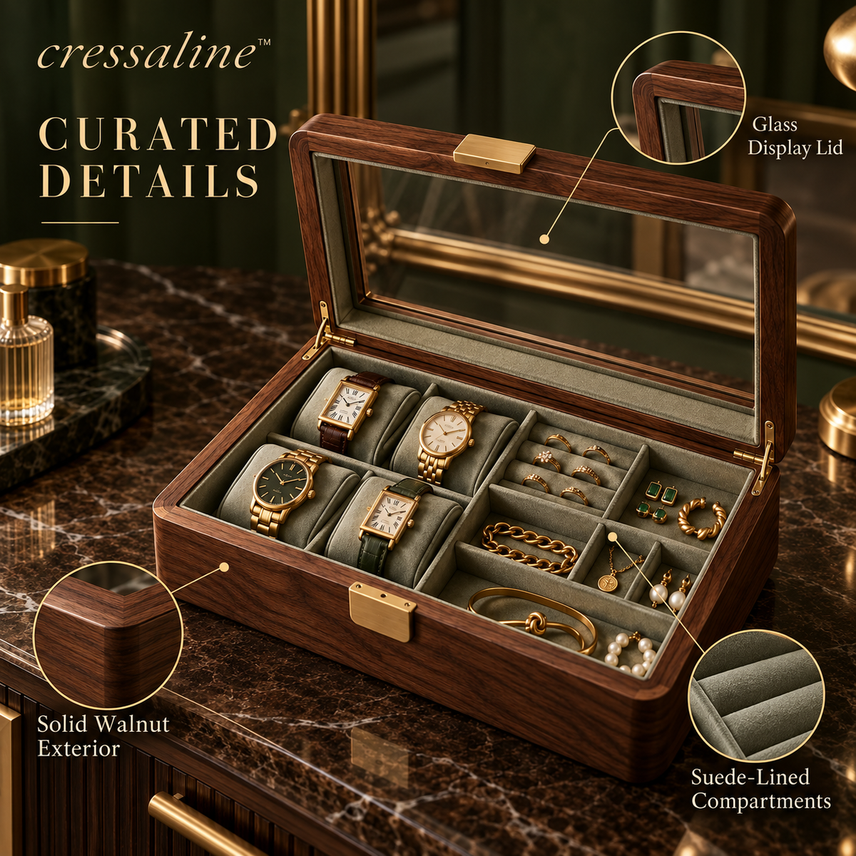𝒄𝒓𝒆𝒔𝒔𝒂𝒍𝒊𝒏𝒆™ Walnut Watch & Jewelry Box