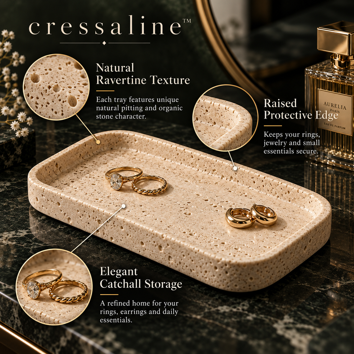 𝒄𝒓𝒆𝒔𝒔𝒂𝒍𝒊𝒏𝒆™ Travertine Ring & Trinket Tray
