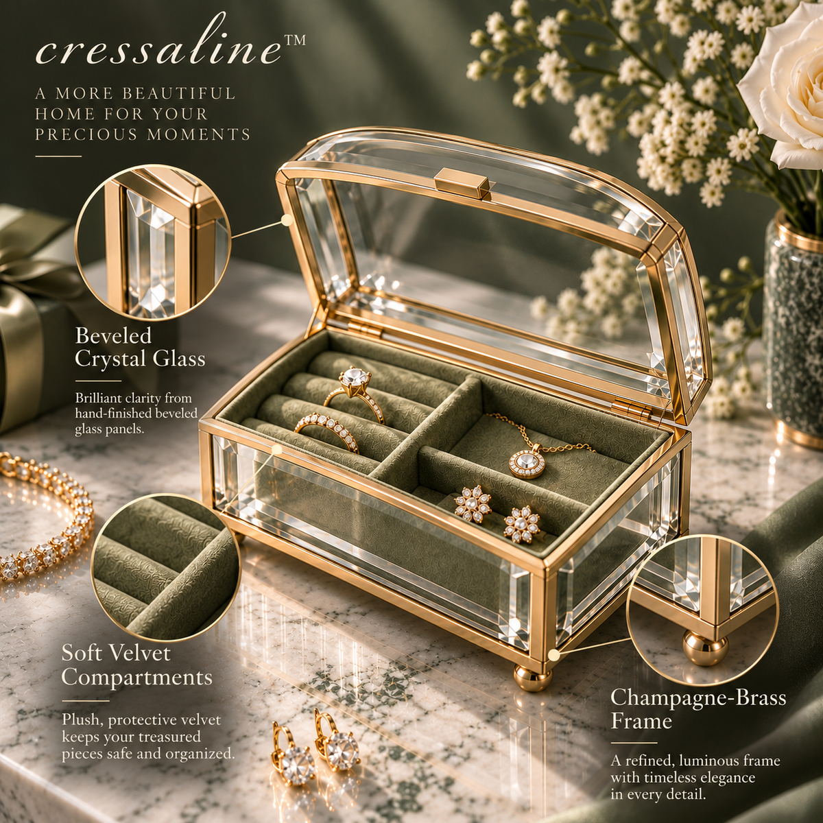 𝒄𝒓𝒆𝒔𝒔𝒂𝒍𝒊𝒏𝒆™ Brass & Glass Trinket Box