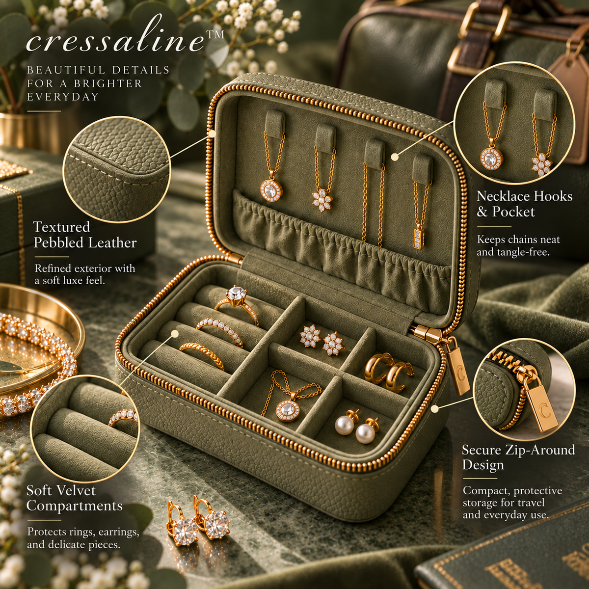 𝒄𝒓𝒆𝒔𝒔𝒂𝒍𝒊𝒏𝒆™ Leather Jewelry Travel Case