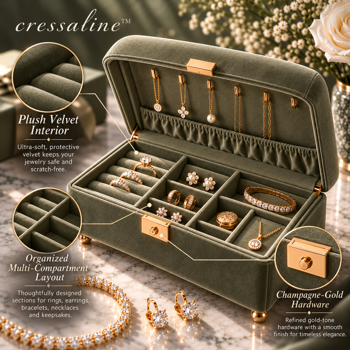 𝒄𝒓𝒆𝒔𝒔𝒂𝒍𝒊𝒏𝒆™ Velvet Jewelry Organizer Chest